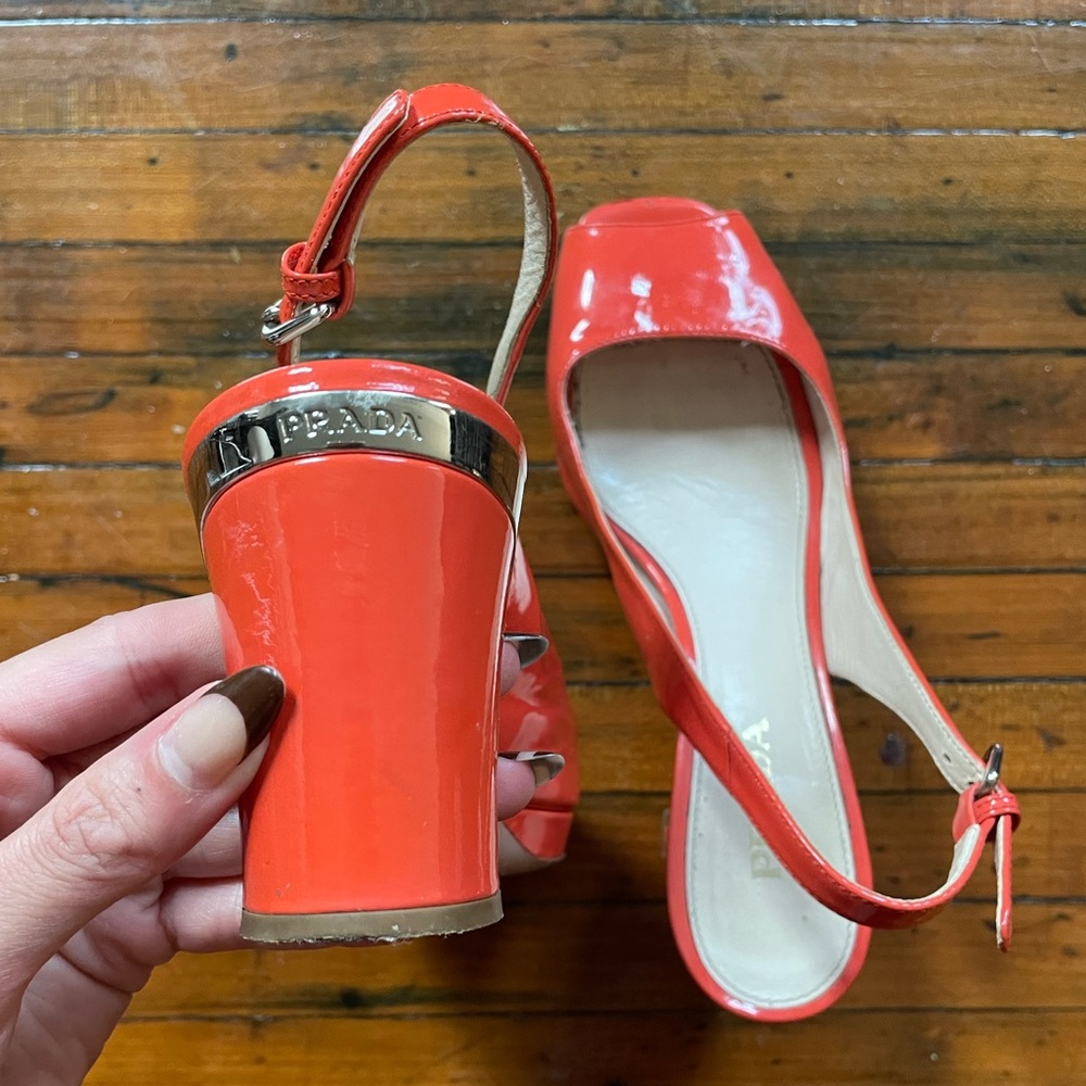 Prada peep toe slingback block heels coral orange
size 7.5-8
